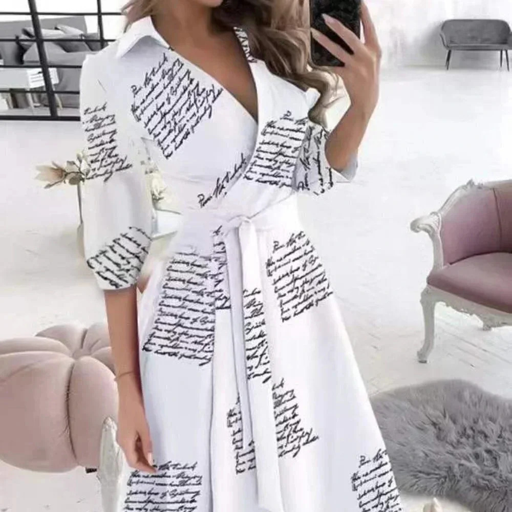 Fashion Long Sleeve V-Neck SHAPED Retro MCM Writing Printed Wrap Midi Dress